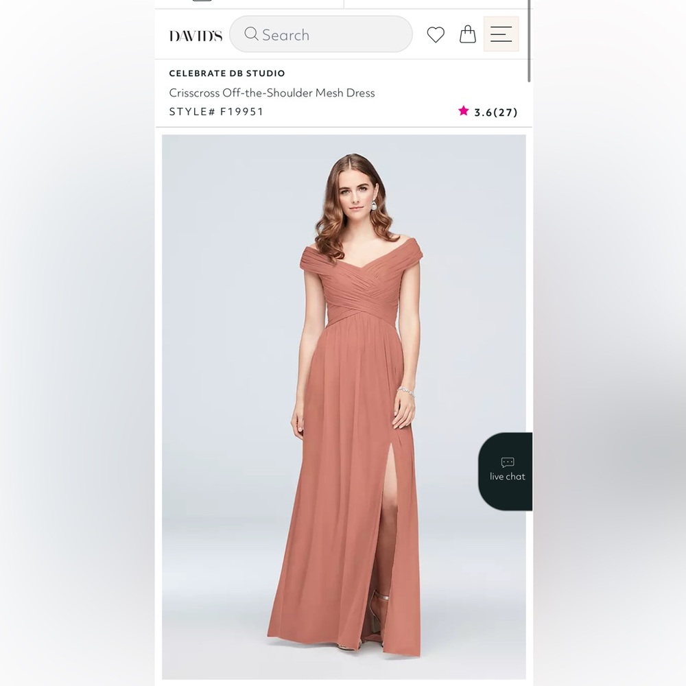 David’s Bridal Crisscross Off the Shoulder Mesh Dress in Dessert Coral
